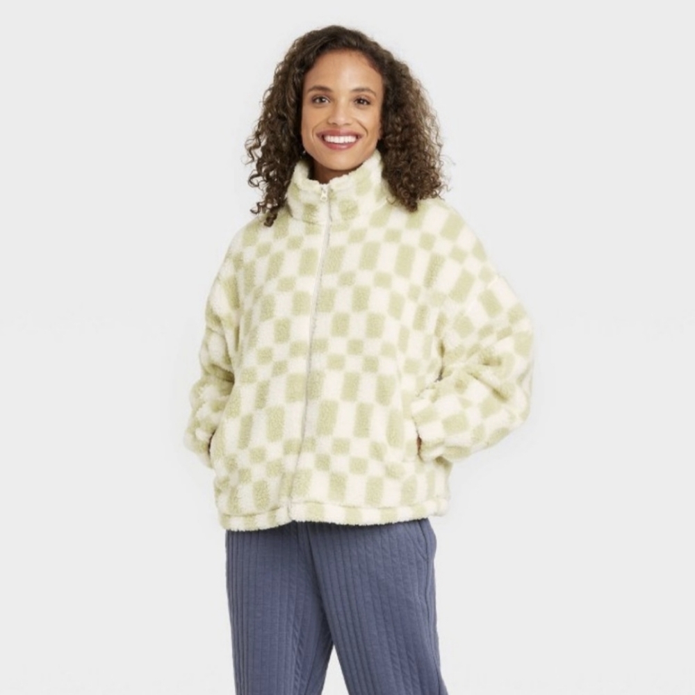 Target Checkered Fleece Jacket Green and White